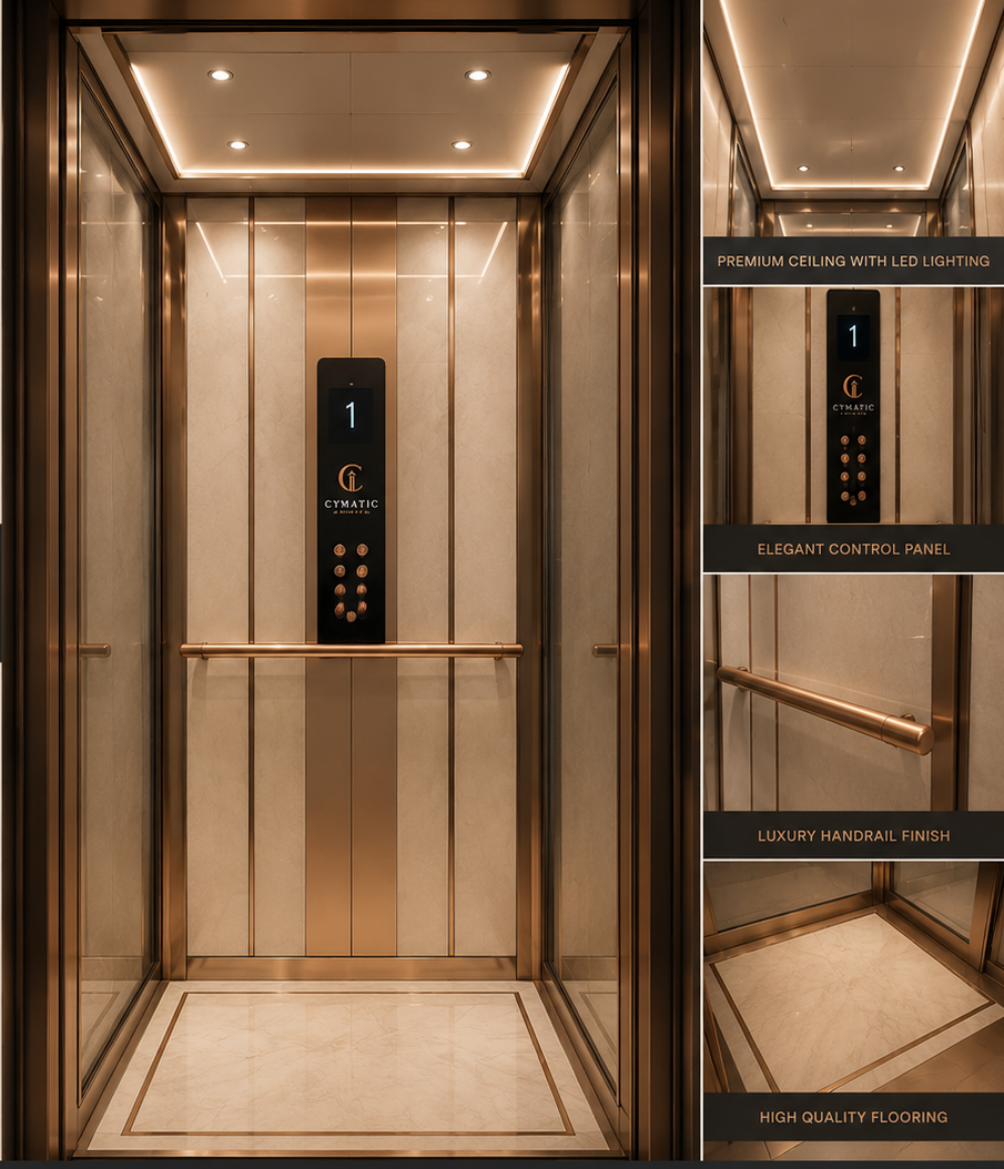 Cymatic customized cabin interior — premium finishes, LED lighting, elegant control panel