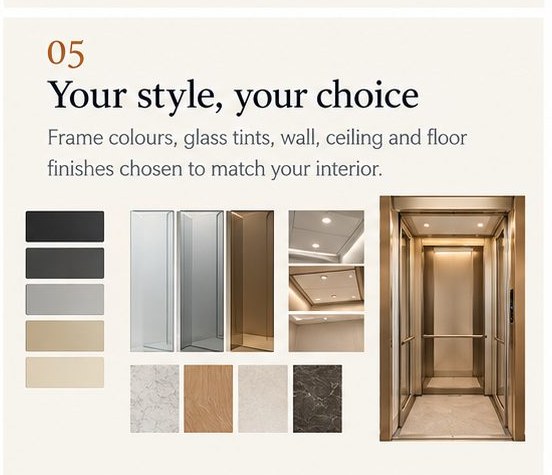 05 Your style, your choice — frame colours, glass tints, wall, ceiling and floor finishes chosen to match your interior
