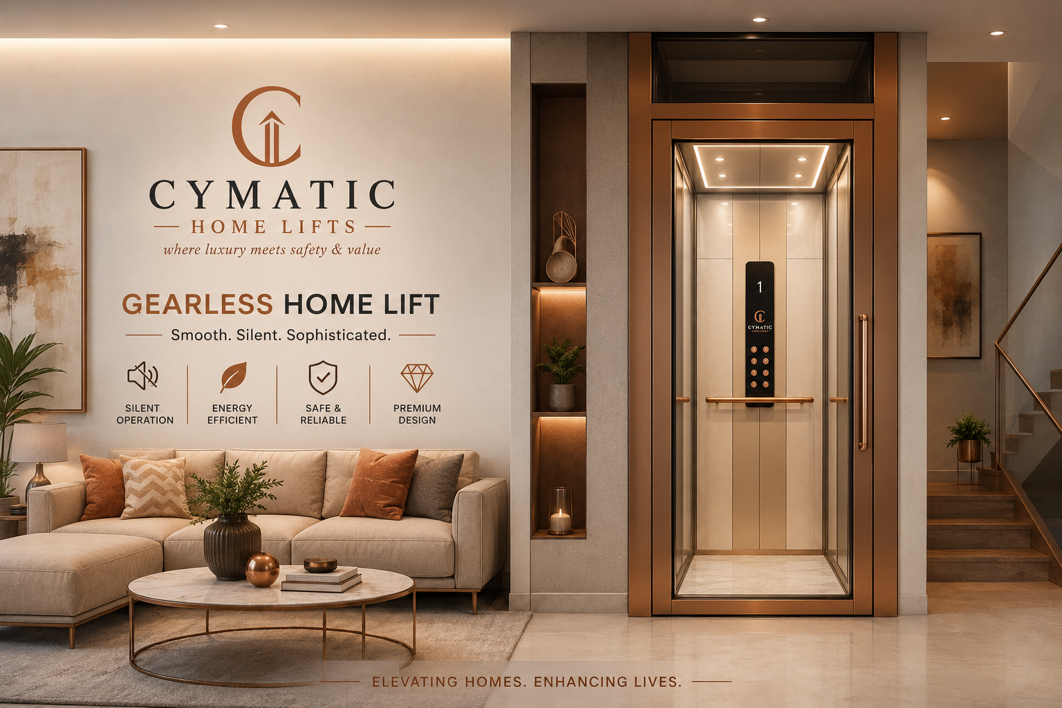 Cymatic Gearless Home Lift installed in a modern Indian living room